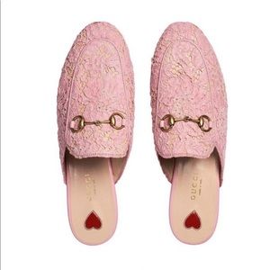 Gucci Pale Pink New Lace Leather Princetown Lace Loafer Mules/Slides SIZE 39.5